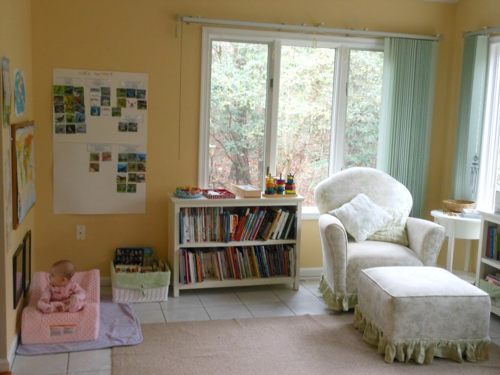Homeschool room, organization, school, preschool, baby room, play room, reading area, toodler, Montessori, nature table, www.naturalbeachliving.com