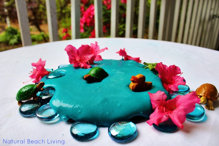 Pond Inspired Homemade Slime, Perfect DIY Sensory Play, Great Pond Theme Activity for a Pond Unit Study, Easy to Make and Fun to Play with. 