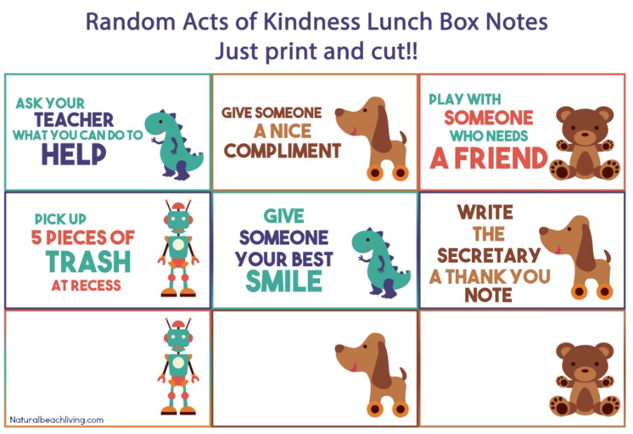 Random Acts of Kindness Ideas for Kids Free Printable Lunch Box Notes, Add these to your child lunch box for a reminder to be kind to everyone or perform acts of kindness, Kindness books and ideas for kids of all ages, Kindness at school, Kids printables