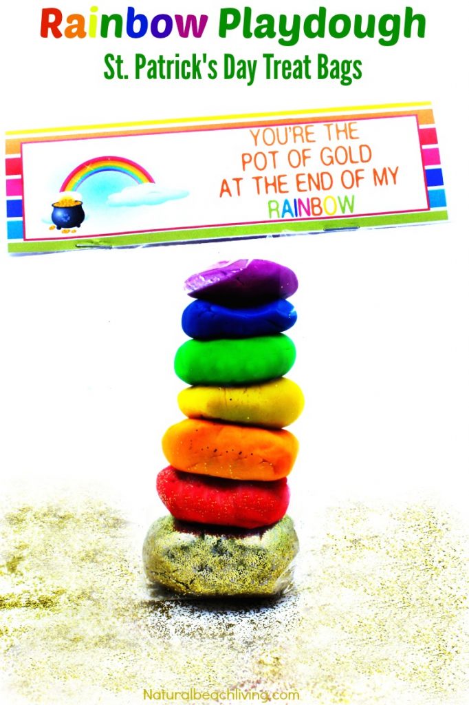 The Best Rainbow Playdough Recipe and Free St. Patrick's Day Treat Bags, Perfect Party bags for St. Patrick's Day with Free Printables for St. Patrick's Day, Rainbow ideas for kids, Kids Love this Pot of gold playdough fun