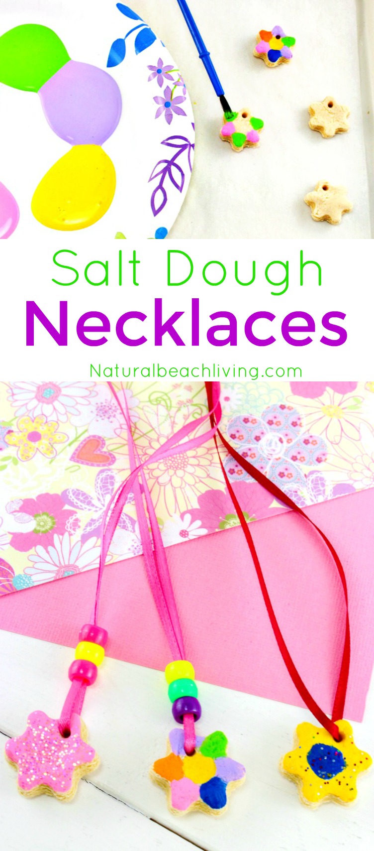 This is the Best Salt Dough Recipe Ever! Make Salt Dough Necklaces and Ornaments for Mother's Day. An Easy Handmade gift idea for kids, Use this for a Mother's Day Art Project or Process Art activity for preschoolers.