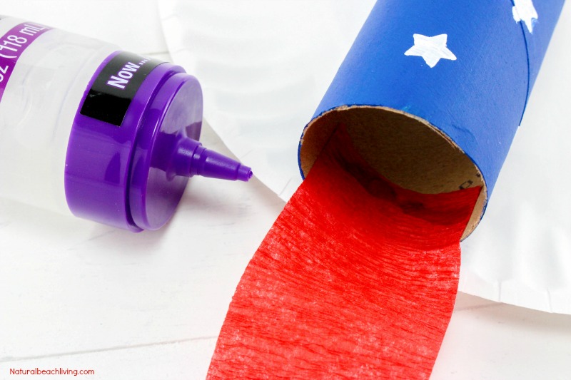 4th of July Craft Idea Patriotic Kids Blower, Patriotic Craft Ideas, Paper Tube Craft, Summer craft and perfect party idea for kids, Fun July 4th Kids Craft 