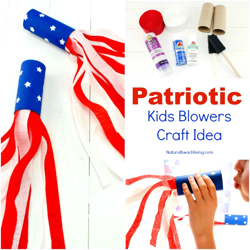4th of July Crafts for Kids, You'll LOVE this Patriotic Craft Blower, It's a cute Patriotic Craft Idea for Kids made with a few simple craft supplies. Paper Tube Crafts are easy and cheap craft ideas for kids of all ages