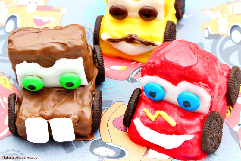 Everyone Will Love These Easy to Make  Disney Cars Rice Krispie Treats, Make them for a Cars Birthday Party Idea, Recipe for Lightning McQueen Rice Krispies Treats, Disney Party Food Ideas. 
