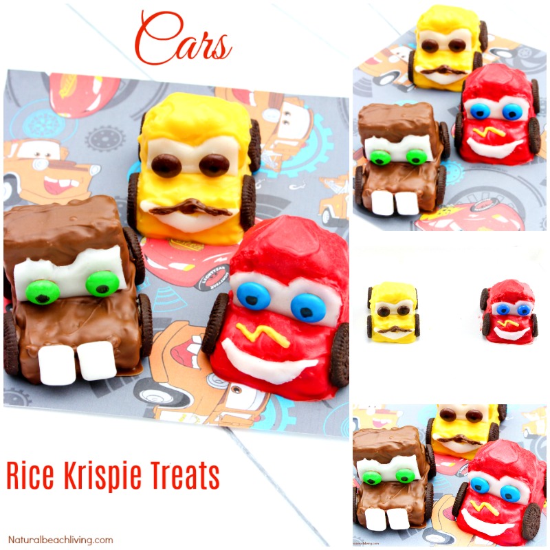 Everyone Will Love These Easy to Make  Disney Cars Rice Krispie Treats, Make them for a Cars Birthday Party Idea, Recipe for Lightning McQueen Rice Krispies Treats, Disney Party Food Ideas. 