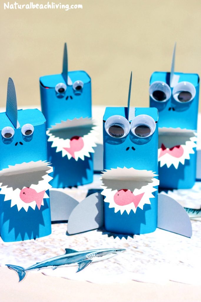 This is such a Fun Shark Craft and it's a Perfect Under the Sea Party Idea, all you need is a box, construction paper, and googly eyes. This Shark craft for kids makes a great Shark Week Idea