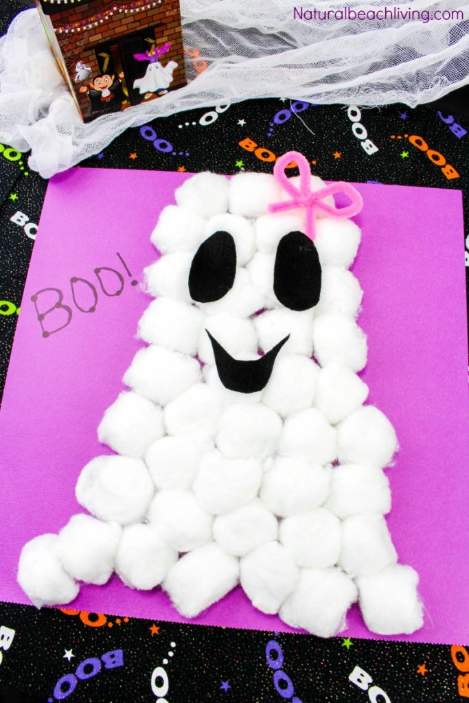 Easy Cotton Ball Ghost Craft for Preschoolers, Fun Ghost Craft, Easy and cheap Halloween craft to make, Cutest Ghost Cotton Ball Craft, Toddler and Preschool Ghost Craft and Halloween Crafts for kids to make.