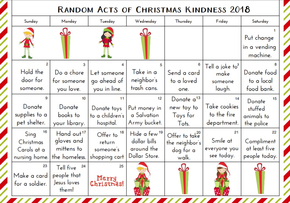 Random Acts of Kindness Calendar, Random Acts of Kindness Christmas Gift Tags, Random Acts of Kindness Ideas, Christmas Advent Printables, Advent ideas, Elf activities, Christmas Bag Tags