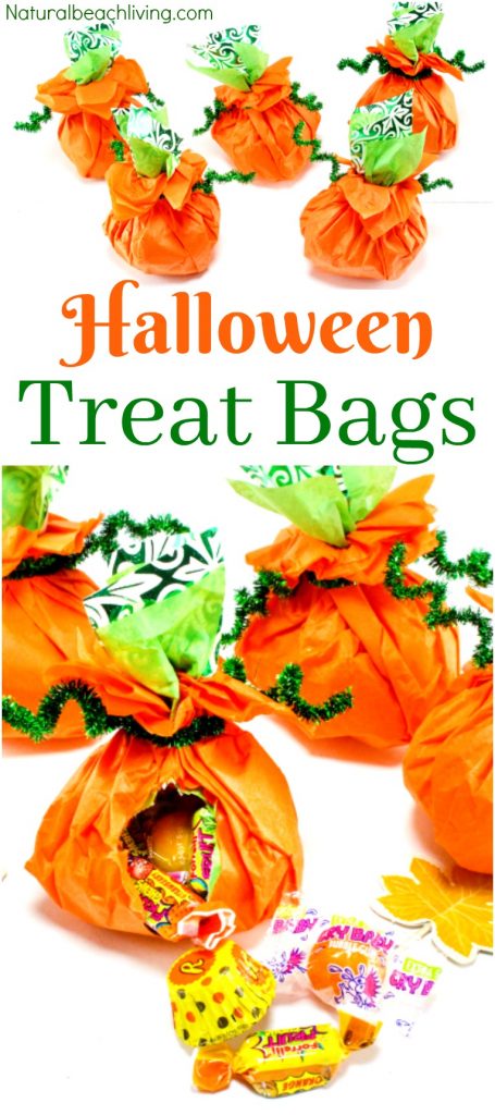 How to Make Tissue Paper Halloween Treat Bags, DIY Halloween Treat Bags, Easy Halloween favors, Halloween party ideas, Halloween Goody Bags, Pumpkin theme, Candy bags, Halloween ideas, #Halloween