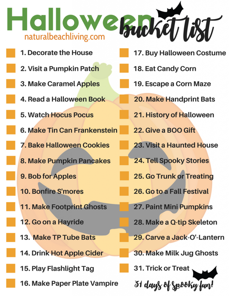 31 spooktacular activities that will get you in the mood for Halloween. Plus, we've even included a free printable bucket list. October Bucket List, Halloween Activities for Kids, Free Printable Bucket List, Fun Halloween Bucket List, Things to do in October
