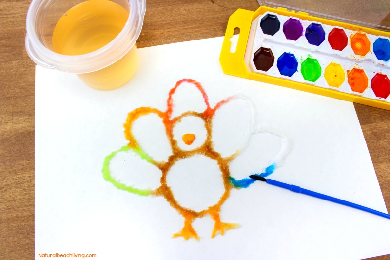 How to Make The Best Thanksgiving Turkey Salt Painting, Watercolor Salt Painting, Turkey Preschool Craft, Fun Fall Turkey craft kids love, Raised salt painting, process art #Thanksgivingcrafts #Turkey #Thanksgiving #Fallcraft #saltpainting #preschool