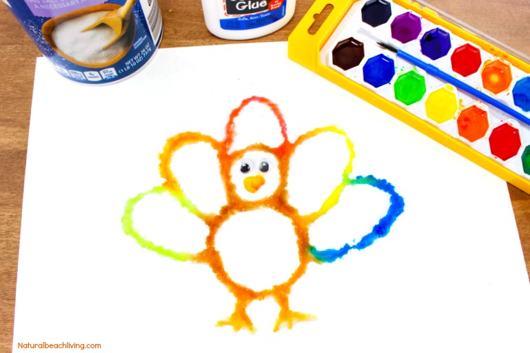 How to Make The Best Thanksgiving Turkey Salt Painting, Watercolor Salt Painting, Turkey Preschool Craft, Fun Fall Turkey craft kids love, Raised salt painting, process art #Thanksgivingcrafts #Turkey #Thanksgiving #Fallcraft #saltpainting #preschool