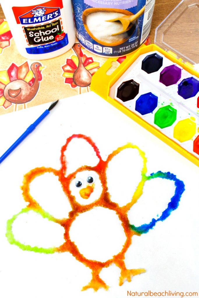 How to Make The Best Thanksgiving Turkey Salt Painting, Watercolor Salt Painting, Turkey Preschool Craft, Fun Fall Turkey craft kids love, Raised salt painting, process art #Thanksgivingcrafts #Turkey #Thanksgiving #Fallcraft #saltpainting #preschool