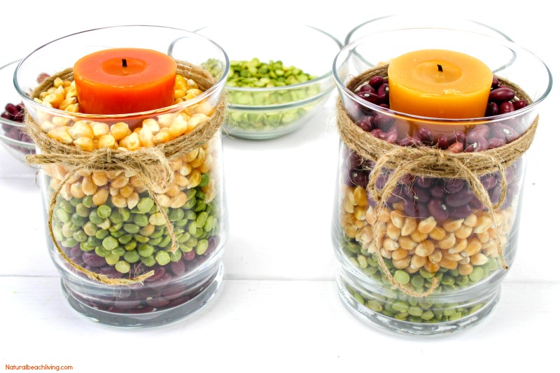 Easy Fall Table Centerpieces look great for a fall decoration or beautiful Harvest Centerpiece for Thanksgiving dinner. Make a DIY Centerpiece in minutes, Fall Table Centerpiece Ideas, Fall Candle Centerpiece Ideas, #Falldecor #DIYfallcraft #fallcraft #thanksgivingcraft #thanksgivingcenterpiece #falldecortips