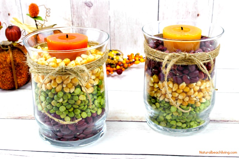 Easy Fall Table Centerpieces look great for a fall decoration or beautiful Harvest Centerpiece for Thanksgiving dinner. Make a DIY Fall Centerpiece in minutes, Inexpensive Fall Table Decor Ideas for a lovely Fall Candle Centerpiece Ideas