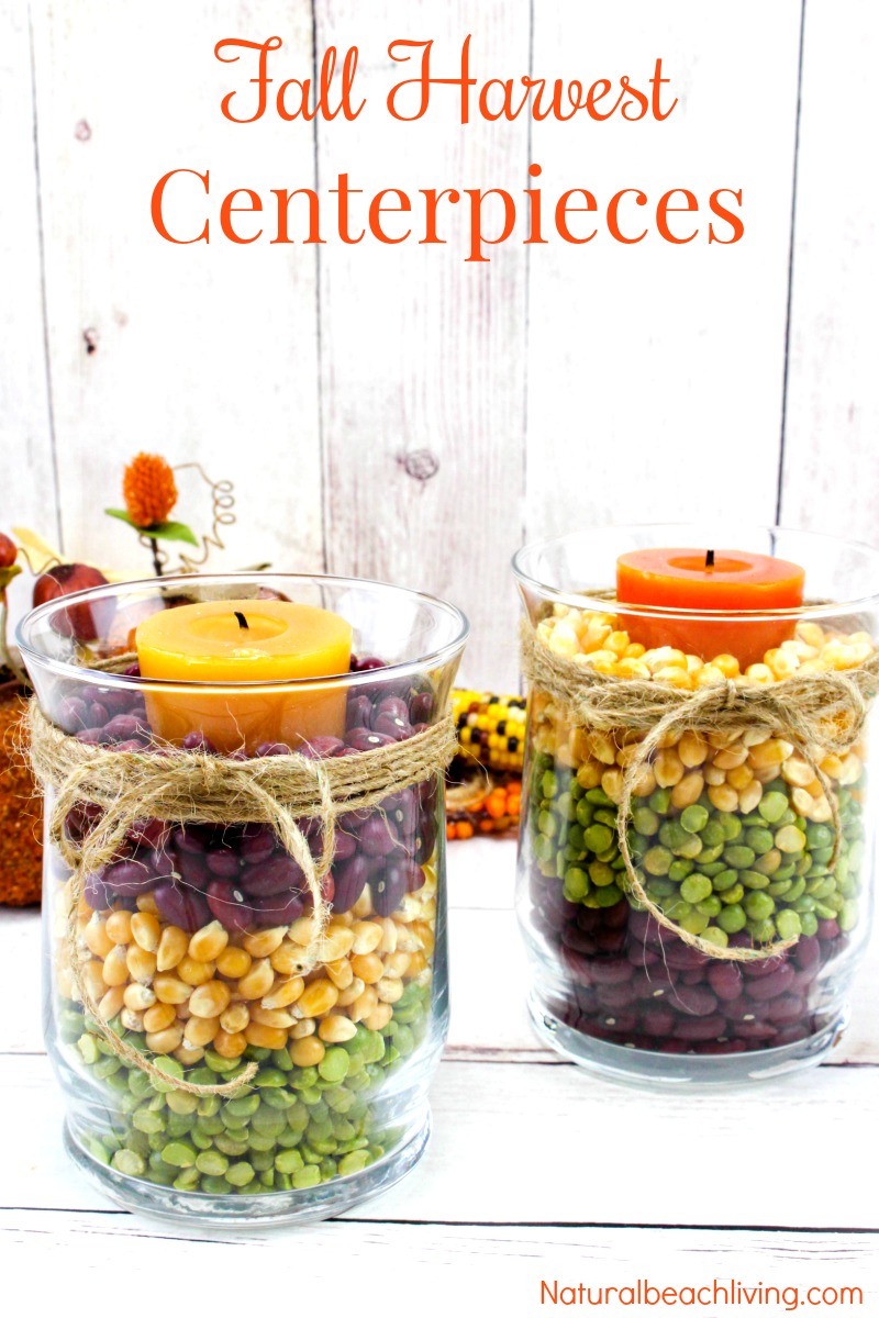 Easy Fall Table Centerpieces look great for a fall decoration or beautiful Harvest Centerpiece for Thanksgiving dinner. Make a DIY Fall Centerpiece in minutes, Inexpensive Fall Table Decor Ideas for a lovely Fall Candle Centerpiece Ideas