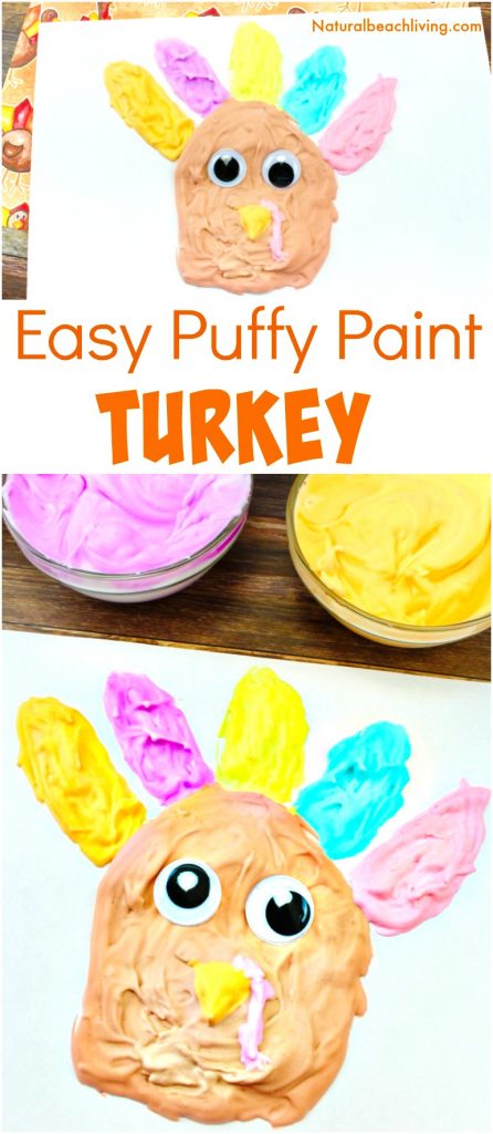 If you are looking for Easy Thanksgiving Crafts Kids will love making this easy to make puffy paint turkey is Perfect! Homemade puffy paint recipe, Thanksgiving preschool crafts, Turkey craft #Thanksgiving #preschoolcrafts