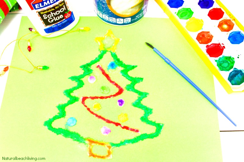 How to Make The Best Christmas Salt Painting, Watercolor Salt Painting, Christmas Preschool Craft, Fun Winter craft kids love, Raised salt painting, process art, Christmas tree crafts for kids #Christmascrafts #Christmas #Christmasactivities #wintercrafts #saltpainting #preschoolers