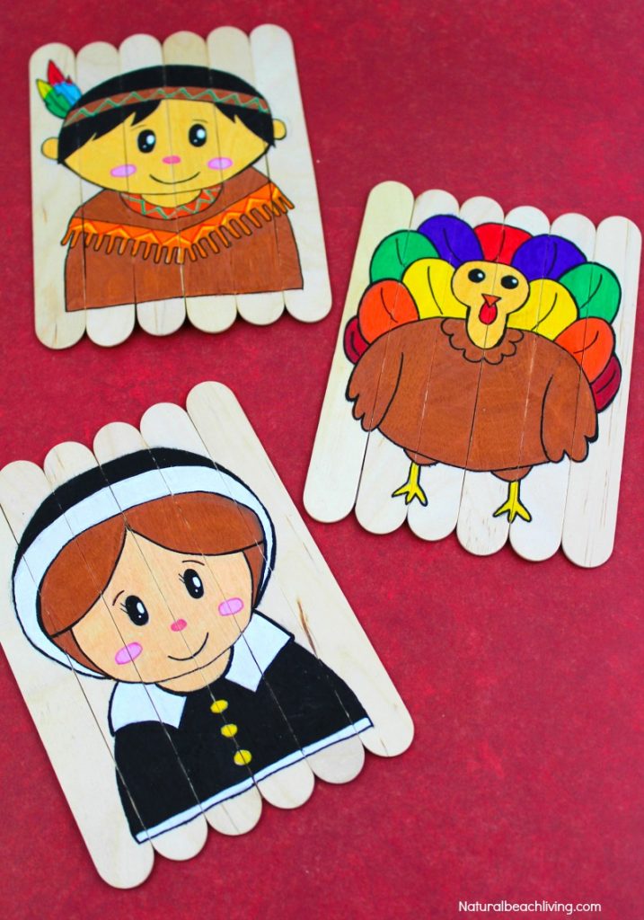The Best Thanksgiving Preschool Activities, DIY Thanksgiving Puzzles with Free Printable Template, Thanksgiving Crafts, Make a Turkey, Pilgrims, Native American Indian Crafts for kids, Fun Popsicle stick craft, #Thanksgiving #Thanksgivingcrafts #preschool