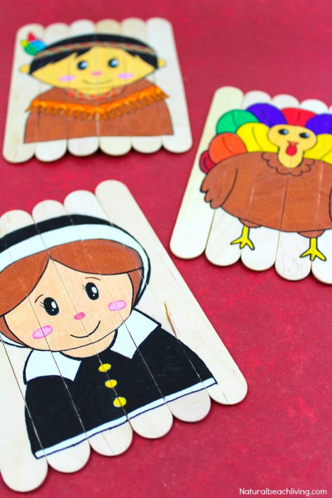 The Best Thanksgiving Preschool Activities, DIY Thanksgiving Puzzles with Free Printable Template, Thanksgiving Crafts, Make a Turkey, Pilgrims, Native American Indian Crafts for kids, Fun Popsicle stick craft, #Thanksgiving #Thanksgivingcrafts #preschool 