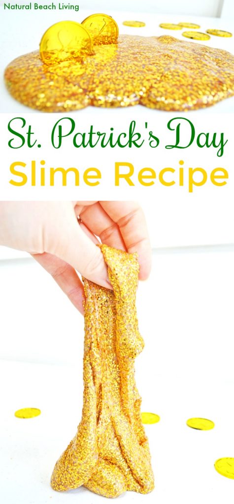 How to Make Slime Recipe with Contact Solution Perfect for St. Patrick's Day Sensory Play. This 4 ingredient slime recipe is glue, baking soda, contact solution, and glitter. It's a fun and safe homemade slime recipe for kids. Find The Best Slime Recipes here!