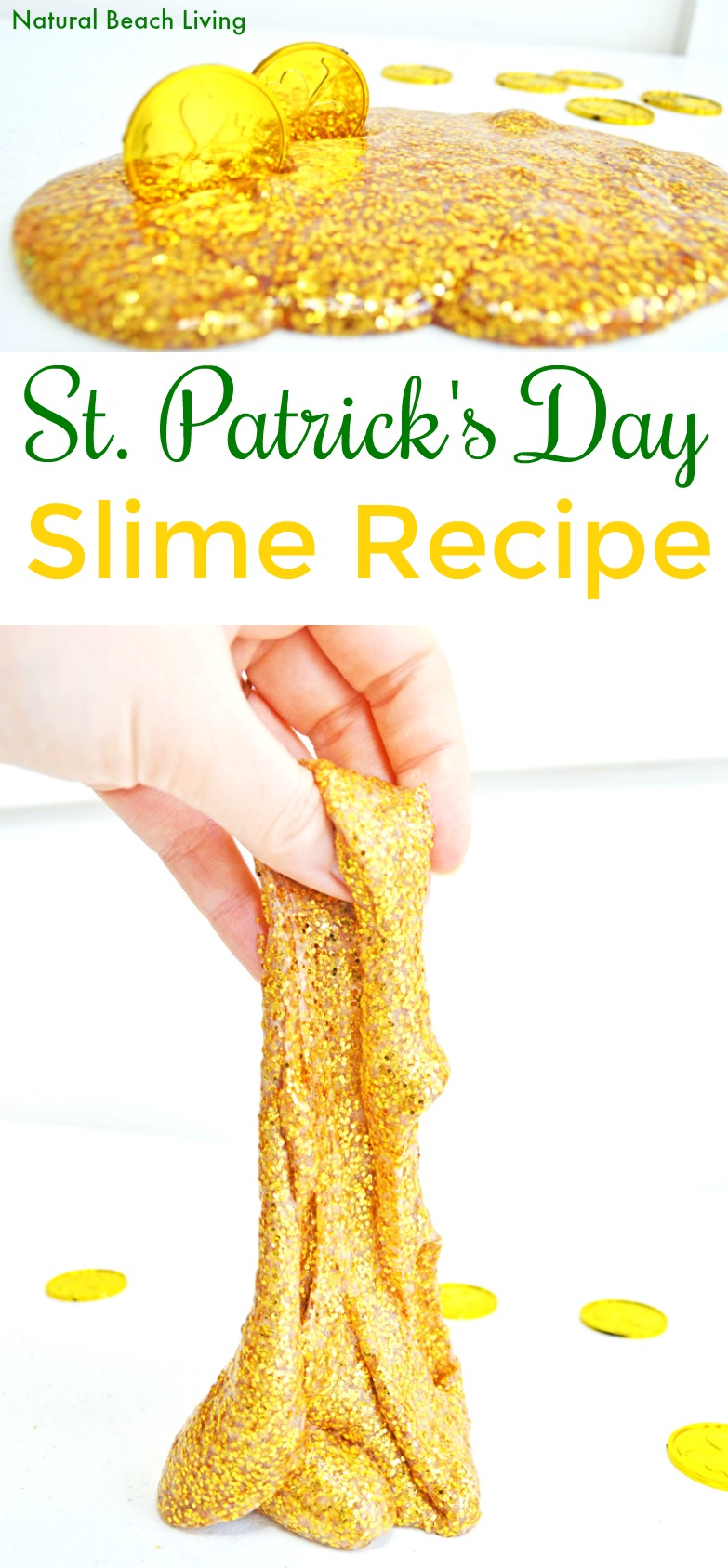 How to Make Slime Recipe with Contact Solution Kids Loves, Gold Glitter Slime, Gold Glitter Contact Solution Slime Recipe or Saline Solution slime with glue! One of the Best Sensory Play for Kids, St. Patrick's Day Slime Recipe, Homemade slime is super easy to make with our slime recipes. The Best Ways to Make Slime, Easy Slime Recipe with Baking Soda #slime #slimerecipe #slimerecipes #stpatricksday #stpatricksdaysensoryplay