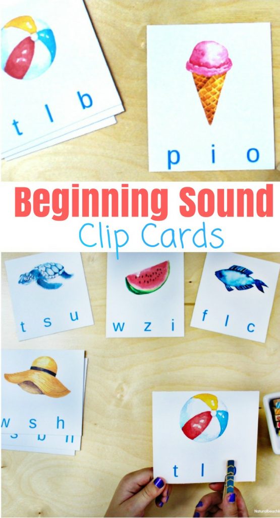 Free Beginning Sound Clip Cards - Summer Alphabet Printables, Children will love identifying beginning sounds with these super cute summer-themed clip cards! Summer Theme Alphabet Cards are a great letter sounds activity for Preschool and Kindergarten, free printable letter sound cards, beginning sounds alphabet clip cards