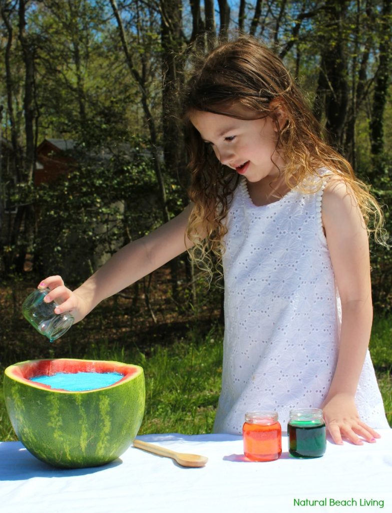 Watermelon Science Activities Baking Soda and Vinegar Erupting Science Experiment, This Hands-on Activity is a perfect Summer Science idea. Kids love this bubbly Volcano Science Activity it also has great Science Videos, Watermelon Activities for Toddlers, Preschoolers, Kindergarten Science, Easy and Fun Science activities for Kids, Baking Soda and Vinegar Science ideas