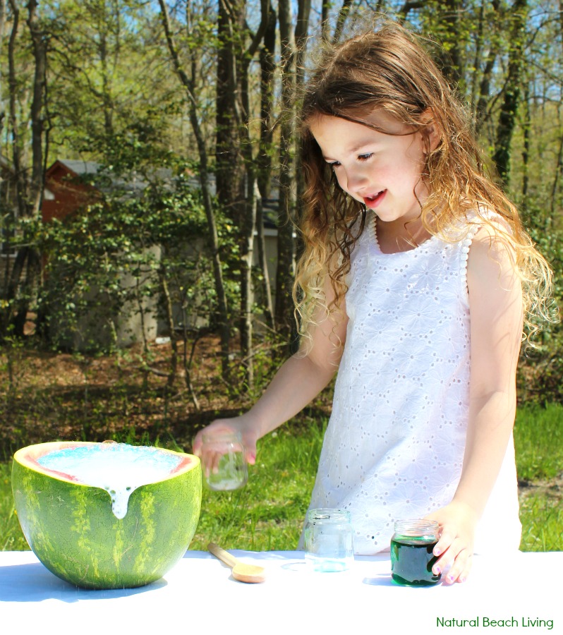 Watermelon Science Activities Baking Soda and Vinegar Erupting Science Experiment, This Hands-on Activity is a perfect Summer Science idea. Kids love this bubbly Volcano Science Activity it also has great Science Videos, Watermelon Activities for Toddlers, Preschoolers, Kindergarten Science, Easy and Fun Science activities for Kids, Baking Soda and Vinegar Science ideas #scienceforkids #watermelon #preschool #preschoolscience #kindergarten #watermelonactivities #summer #summeractivities 