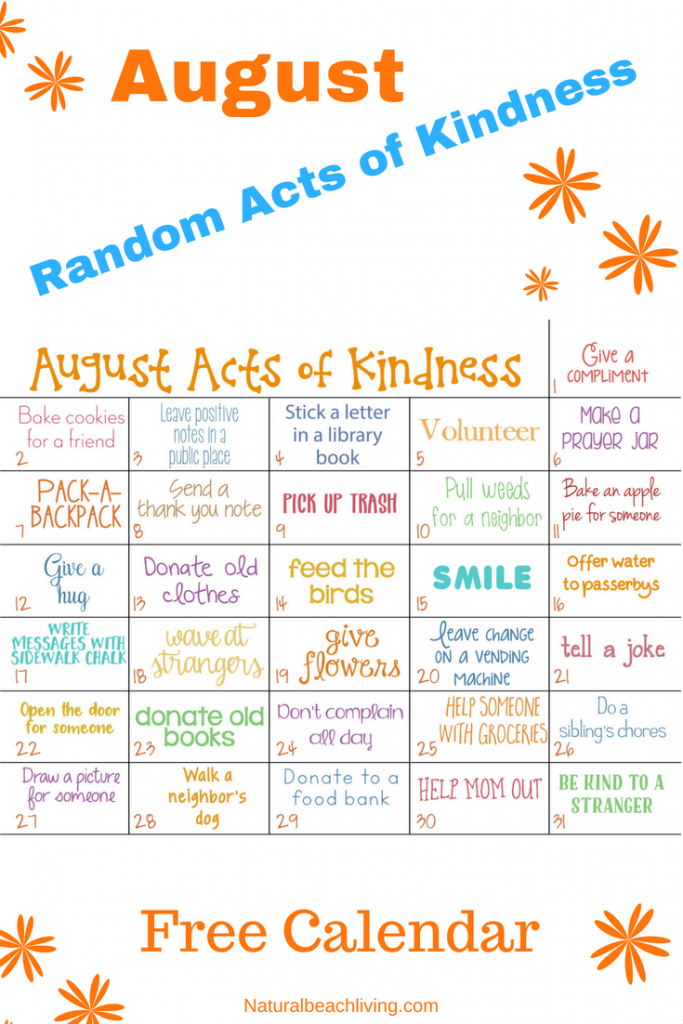 Sharing Random Acts of Kindness Ideas for August everyone can enjoy, Kindness Calendar August 2018, 31 Random acts of kindness examples in a printable Kindness Calendar for August. Fun and Easy ways to Spread Joy and Happiness