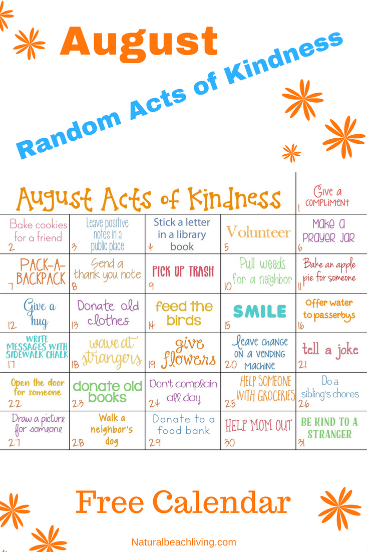 Kindness Calendar for August – Acts of Kindness for Kids