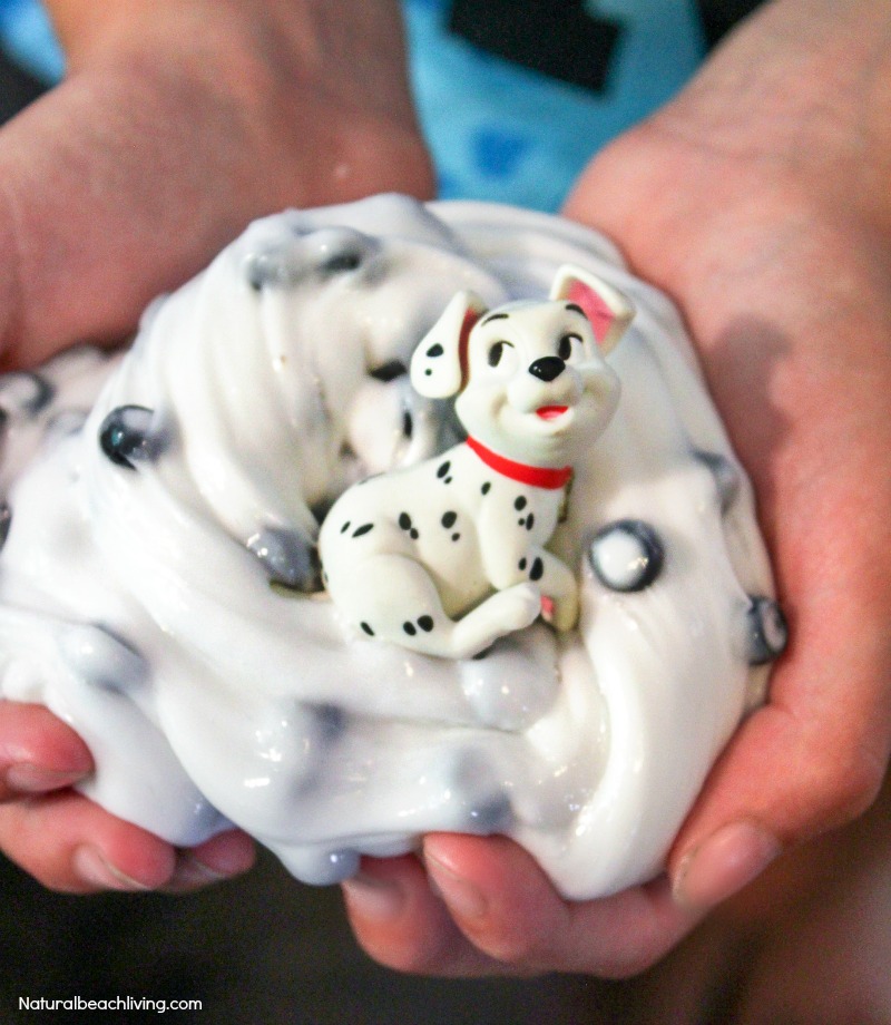 Slime Recipe with Contact Solution 101 Dalmatians Preschool Activities, This easy no borax slime recipe is super cute and stretchy, Perfect Preschool dog theme activity, Plus, an Easy Slime Recipe and how to make slime with no fail slime recipes. 101 Dalmations Slime 