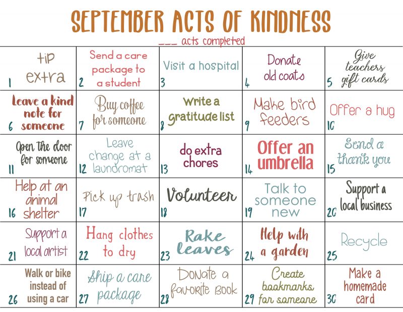 September Random Acts of Kindness Calendar, This September Random Acts of Kindness Calendar is a fun and easy way to spread happiness throughout the month. This acts of kindness calendar has lots of fun ideas inspired by the fall season. Find simple and creative ways to spread joy around your neighborhood this month.