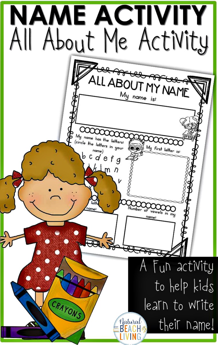 All About Me Name Printable Activity, Add this Name Activity to your all about me activities. This fun and simple worksheet will help children write and spell their name, letter recognition, identifying vowels and consonants. It's also a great activity for Pre-K, Kindergarten, and even 1st grade