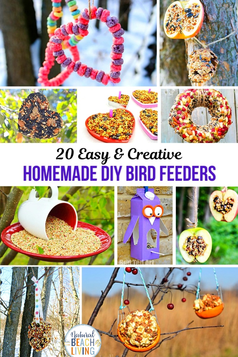 20+ Homemade Bird Feeders, Bird Feeders for Kids, These Homemade Bird Feeders and birdseed ornaments are easy to make and they look so nice hanging on the trees. Your kids will love making Apple Bird Feeders, Pine Cone bird feeder and Bird Seed Ornaments  