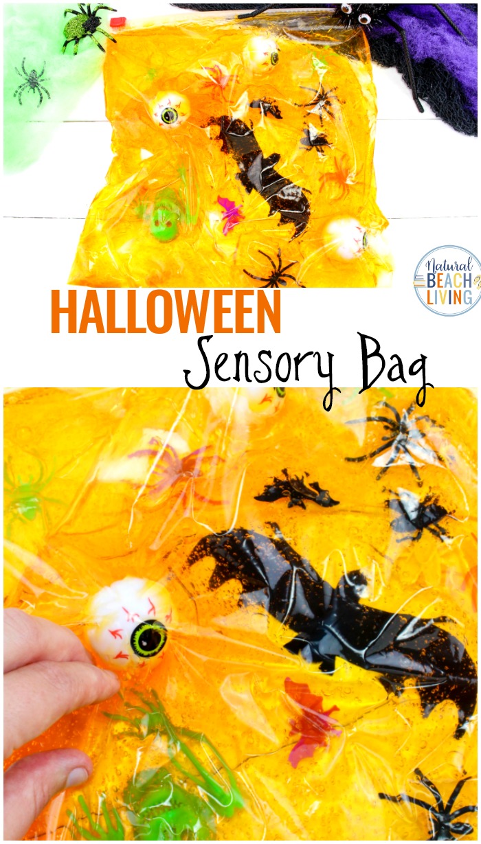 An easy Halloween Sensory Bag, Sensory play for babies, toddlers and preschoolers, How to Make Halloween Sensory Bags, Mess Free Halloween Sensory Activities for exploring senses. Sensory Play for Babies