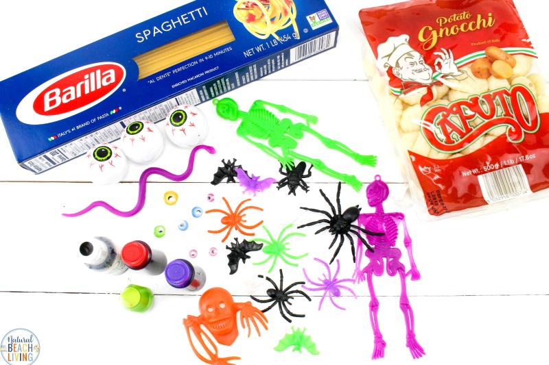 Halloween Sensory Bin Ideas with Colored Spaghetti and Brains, Halloween Sensory Play Activities that are scary, squishy, slimy, gooey fun for kids. Halloween Party Ideas, Play with super creepy Halloween sensory bins, or make it a sensory mystery bin experience