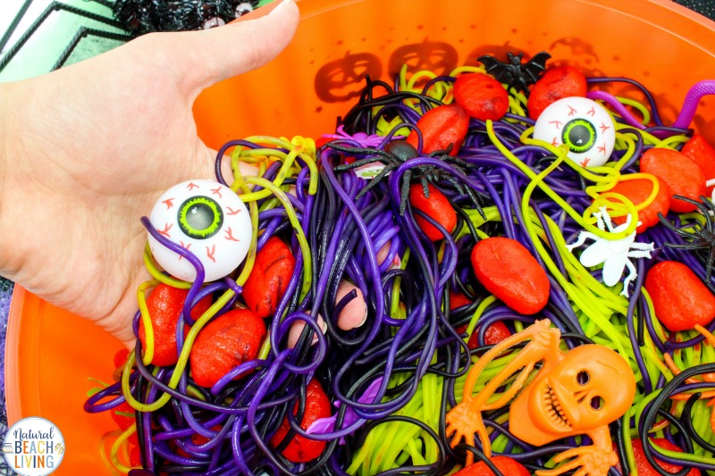 Halloween Sensory Bin Ideas with Colored Spaghetti and Brains, Halloween Sensory Play Activities that are scary, squishy, slimy, gooey fun for kids. Halloween Party Ideas, Play with super creepy Halloween sensory bins, or make it a sensory mystery bin experience