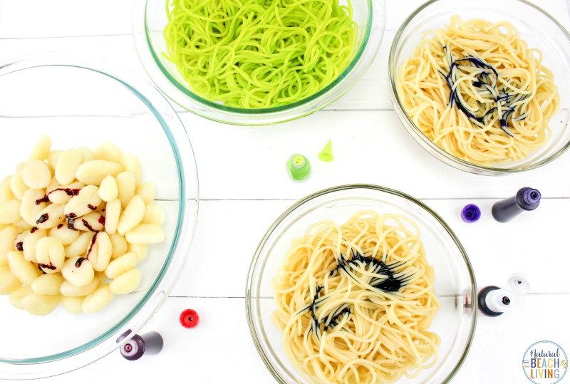 Halloween Sensory Bin Ideas with Colored Spaghetti and Brains, Halloween Sensory Play Activities that are scary, squishy, slimy, gooey fun for kids. Halloween Party Ideas, Play with super creepy Halloween sensory bins, or make it a sensory mystery bin experience