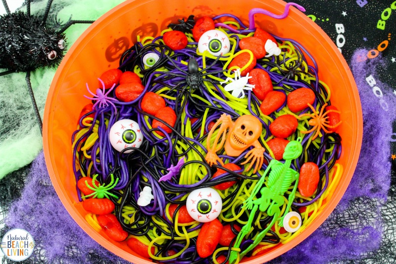Halloween Sensory Bin Ideas with Colored Spaghetti and Brains, Halloween Sensory Play Activities that are scary, squishy, slimy, gooey fun for kids. Halloween Party Ideas, Play with super creepy Halloween sensory bins, or make it a sensory mystery bin experience