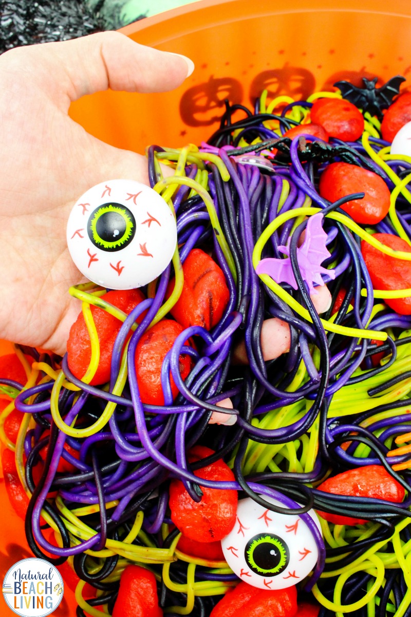Halloween Sensory Bin Ideas with Colored Spaghetti and Brains, Halloween Sensory Play Activities that are scary, squishy, slimy, gooey fun for kids. Halloween Party Ideas, Play with super creepy Halloween sensory bins, or make it a sensory mystery bin experience