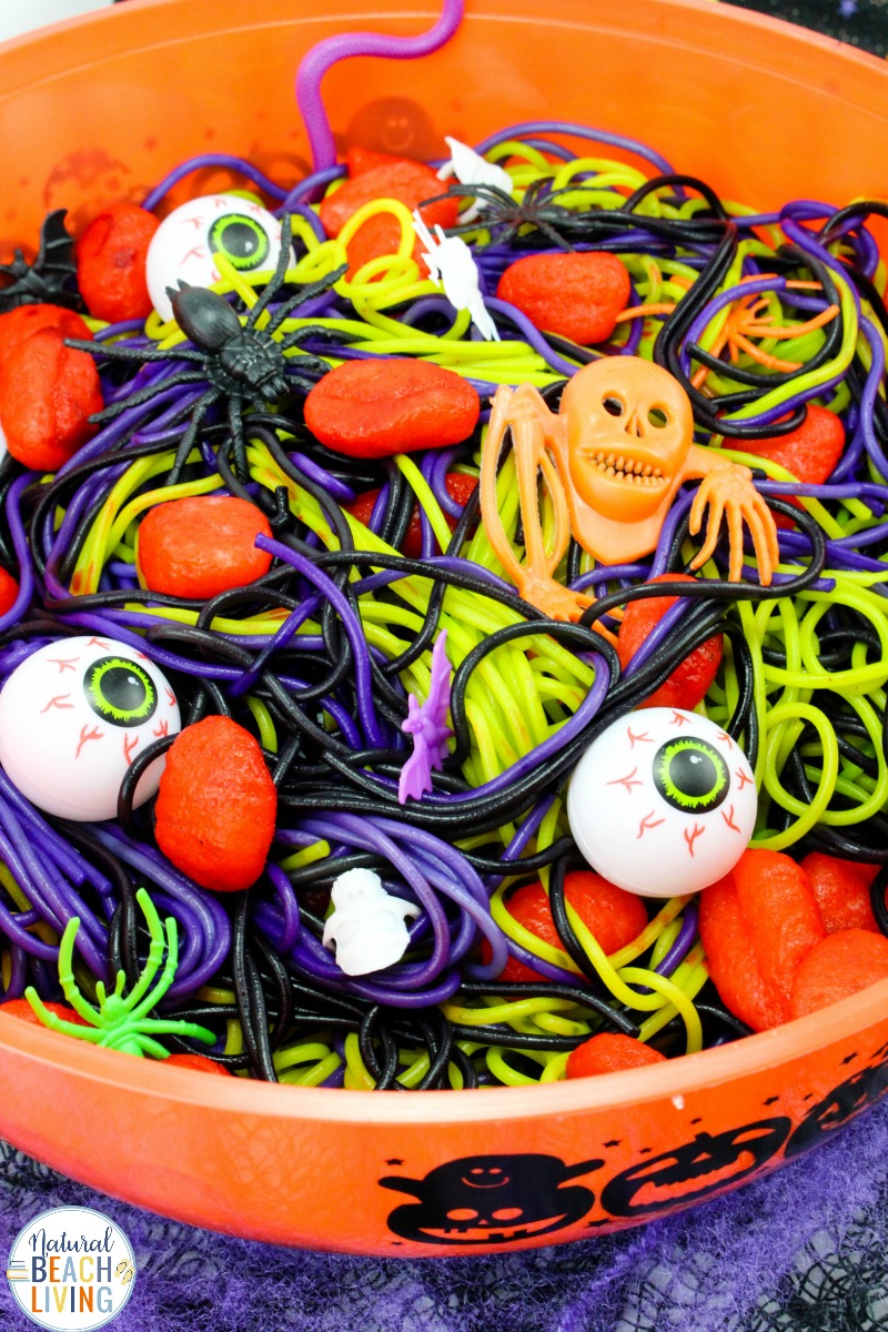 Halloween Sensory Bin Ideas with Colored Spaghetti and Brains, Halloween Sensory Play Activities that are scary, squishy, slimy, gooey fun for kids. Halloween Party Ideas, Play with super creepy Halloween sensory bins, or make it a sensory mystery bin experience