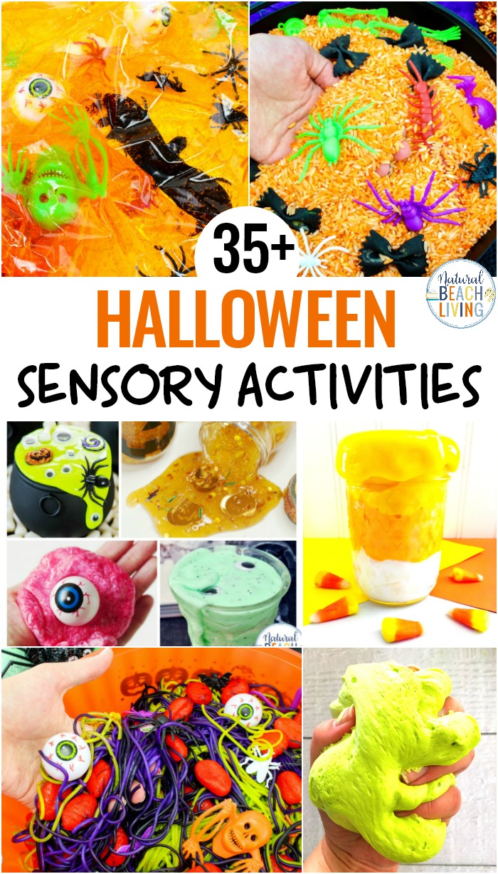 Halloween Sensory Activities are scary, squishy, slimy, fluffy, gooey fun. Play with Halloween slime, super creepy Halloween sensory bins, Sensory Bags, Sensory Putty Recipes or even a sensory mystery with colored spaghetti and brains