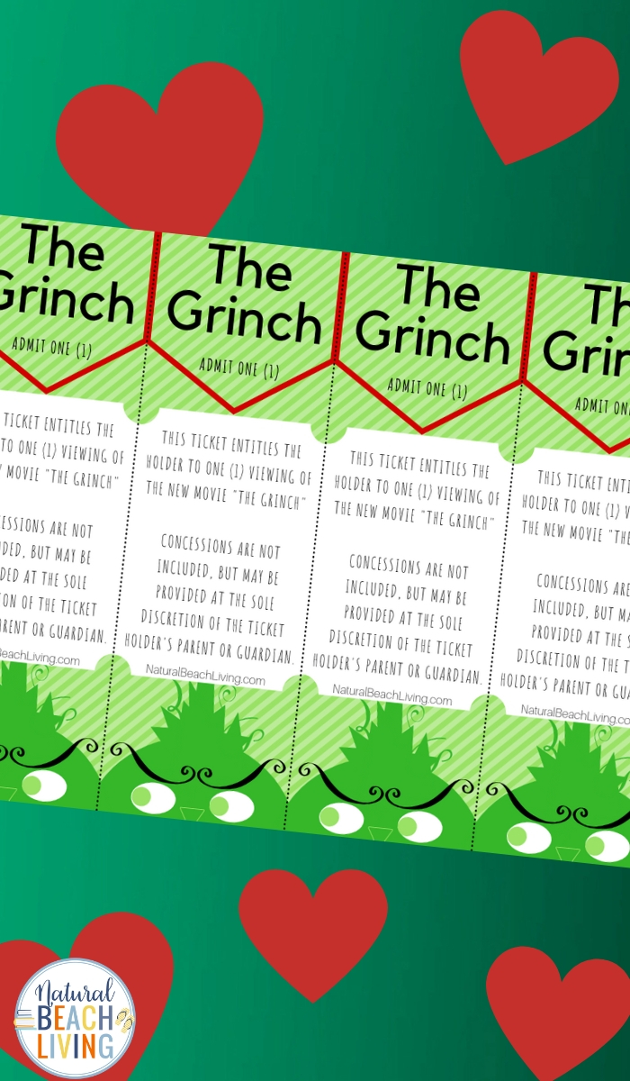Free Grinch Printable Activities Movie Tickets for a family movie night or Christmas Movie Gift Idea, Grinch Activites for Kids, You'll find everything you need for Grinch Party Ideas, Grinch Snacks, Free Grinch Printables, Grinch Cake, Grinch Crafts we have it all.