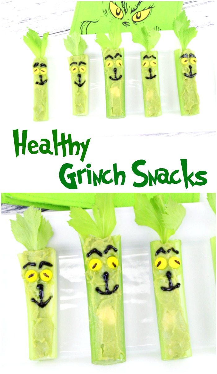 Healthy Grinch Snacks, Grinch Food, Grinch Christmas Treats that are healthy treats for kids and adults. Serve these up for a Grinch Party food or an afternoon snack for the kids. Munching on Grinch Celery Snacks is a delicious, healthy treat everyone can eat.