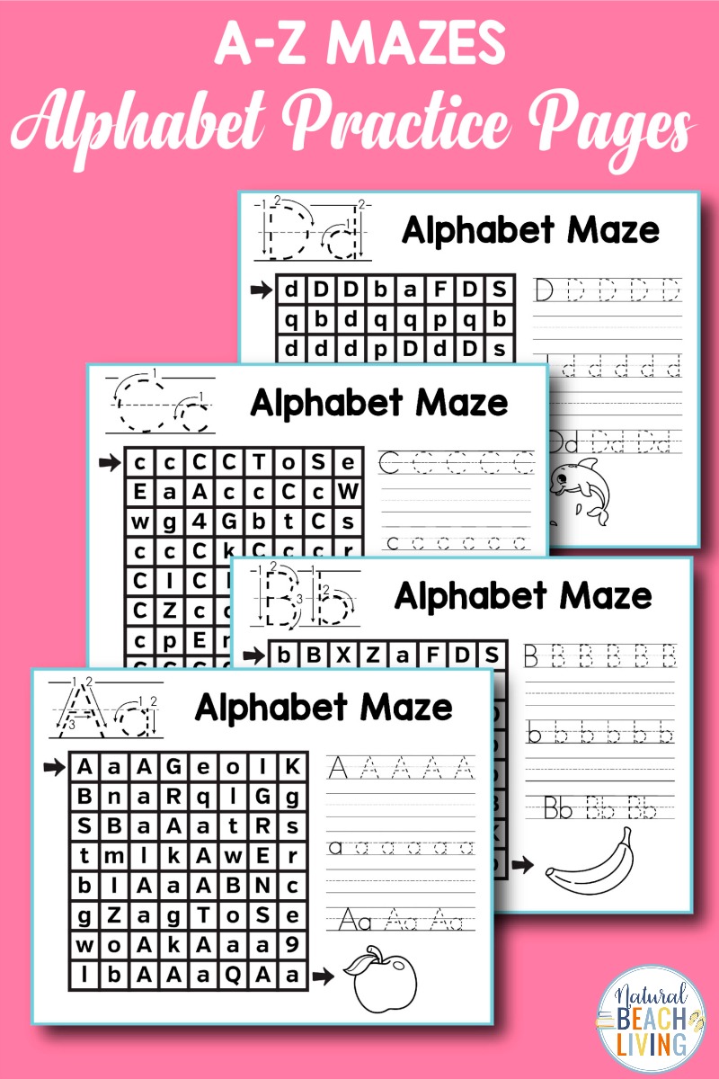 These Alphabet Mazes Practice worksheets are perfect for Preschool and Kindergarten letter recognition, letter sounds, handwriting, with hands-on learning, and early literacy. Alphabet Worksheets, Learning the alphabet, Letter of the Week activities