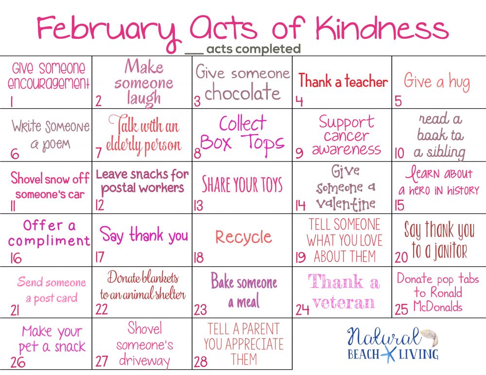 February Random Acts of Kindness Calendar - Natural Beach Living February Random Acts of Kindness Calendar - Natural Beach Living