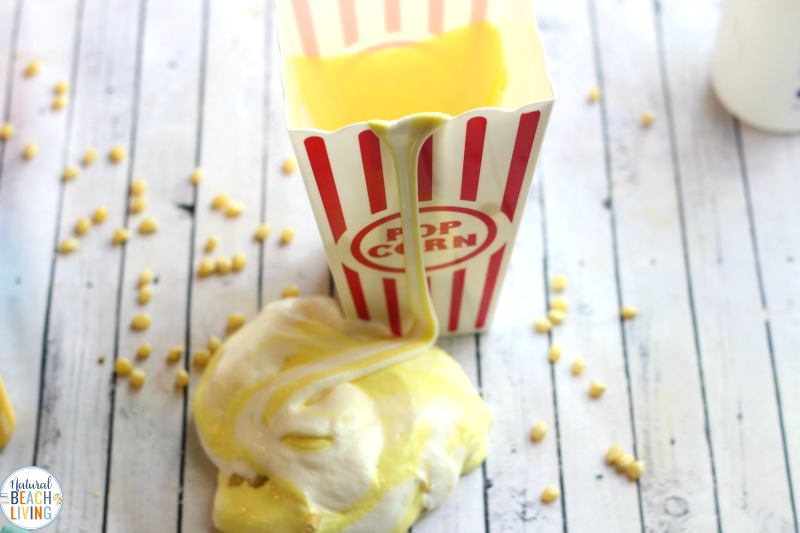 Popcorn Slime Recipe with Contact Solution, How to make slime with contact solution, If you have a slime lover in your house and you are looking for a fun NEW SLIME RECIPE , this is it! This Popcorn Slime Recipe is Amazing!  Slime Recipe with Contact Solution is one of our favorites, make it fluffy slime, scented slime, or jiggly slime, your child will love them all.