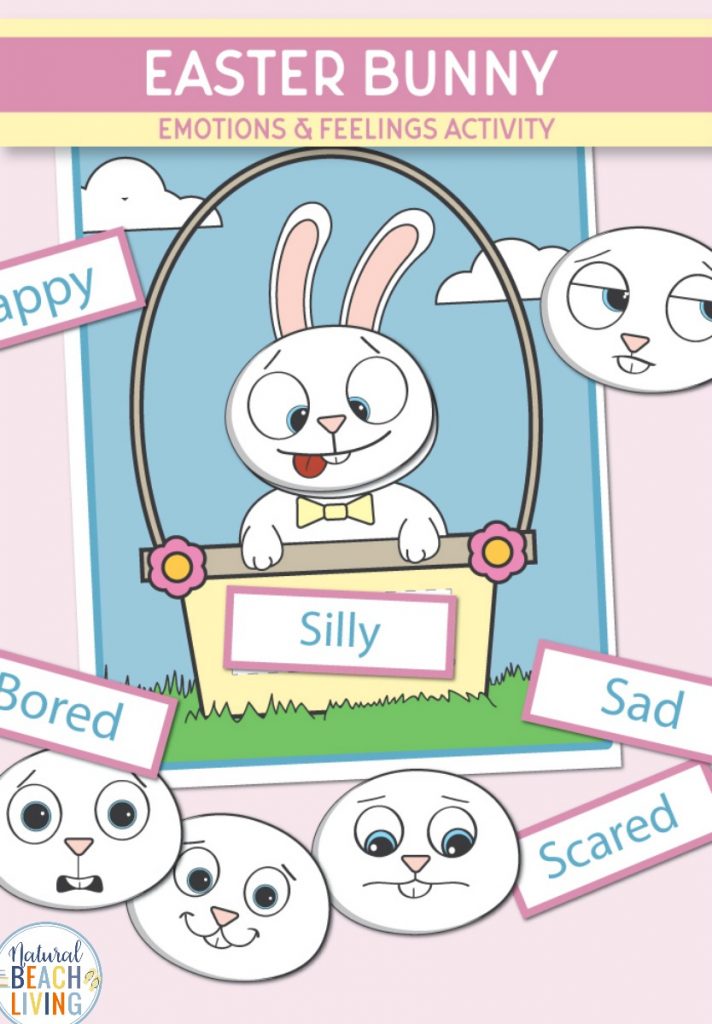 Preschool Emotions Printables Easter Activities, These Easter bunny preschool emotions printables make a cute and fun hands on activity. Free Easter Activities for kids to teach feelings and emotions, Feelings and Emotions Activities for Preschoolers, Emotion Cards and Free Printable Emotion Faces
