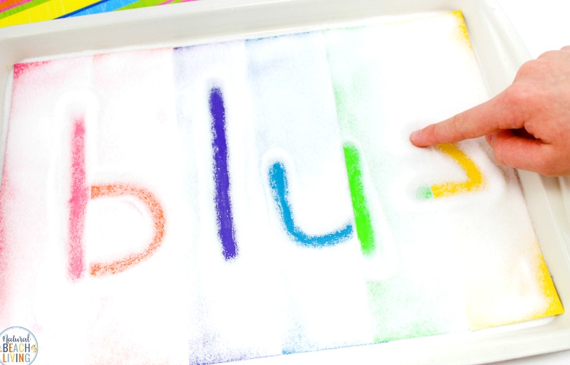 A Rainbow Salt Tray is a fun way to improve pre-writing skills, Children can use a Montessori Salt Tray and sensory writing trays for Preschoolers, Sensory activities keep children engaged and learning in a fun hands-on way. multi-sensory activities for preschoolers 